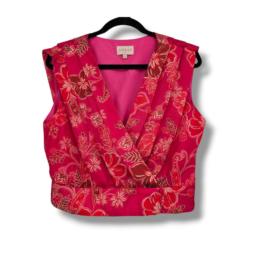 Ciebon Red Pink Floral‎ Paisley Surplice V-Neck Sleeveless Crop Top Medium
